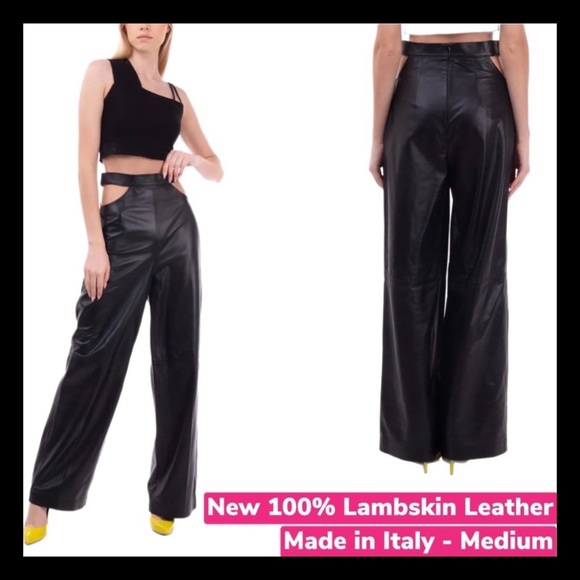 Made in Italy 100% Lambskin High Waisted Leather Wide leg Trousers